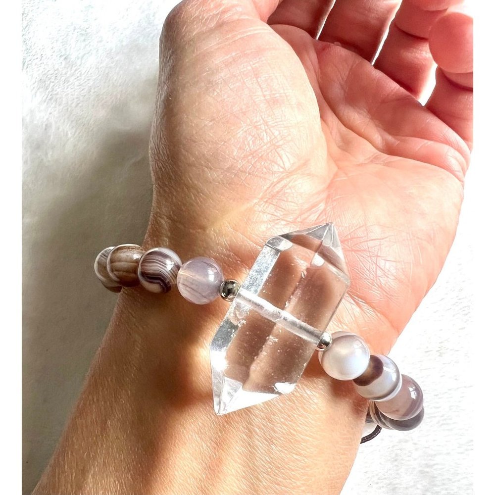 Clear Quartz Point & Striped Agate Beaded Bracelet - Clear and Brown